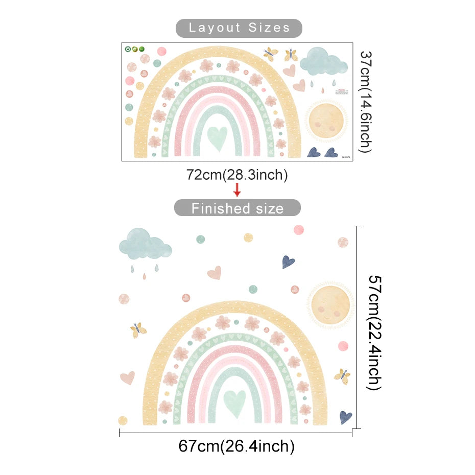 Measurement chart of a colorful rainbow design with dimensions on a white background