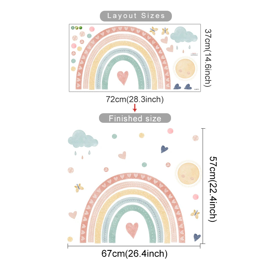 Measurement chart for rainbow and cloud wall decals with dimensions.