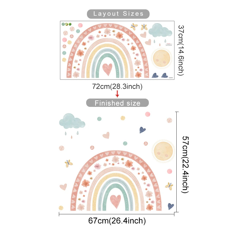 Measurement chart of a decorative wall sticker with rainbows, hearts, and clouds.