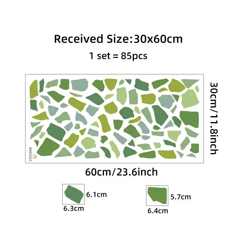 Green mosaic pattern with measurements and product details on a white background