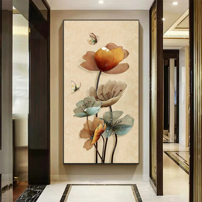Decorative wall art of flowers in a modern hallway