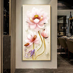 Decorative wall art of pink flowers on a textured background in a modern interior setting.