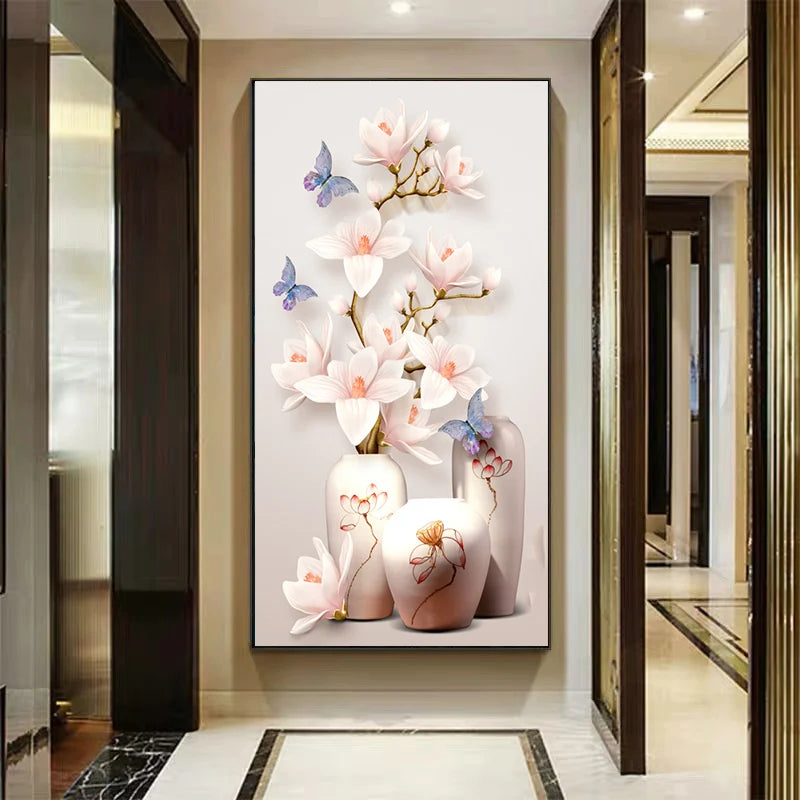 Decorative wall art with flowers and vases in a modern hallway.