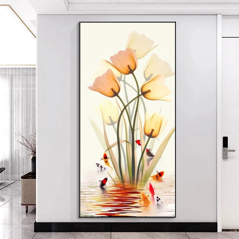 Decorative floral painting on a wall in a modern interior setting