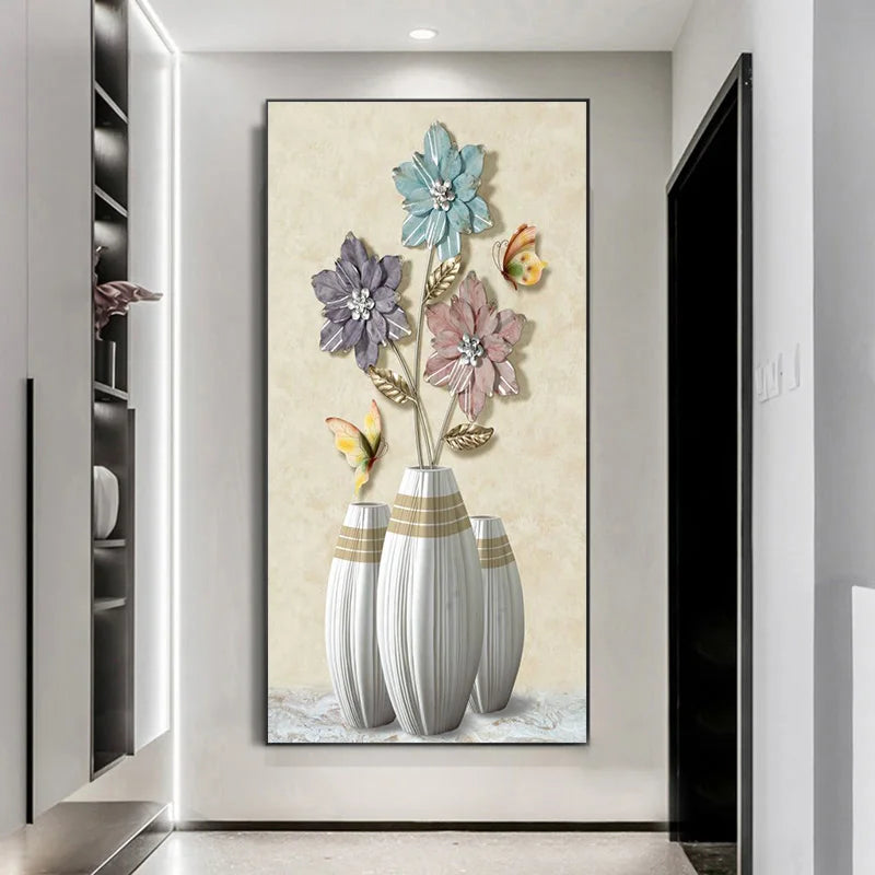 Decorative wall art with flowers and vases in a modern interior setting