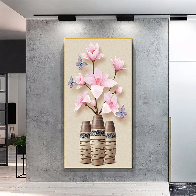 Decorative wall art with pink flowers and vases on a gray wall.