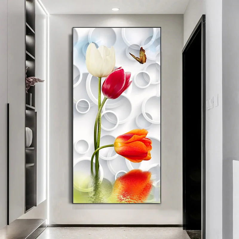 Decorative wall art with tulips and a butterfly in a modern interior setting.