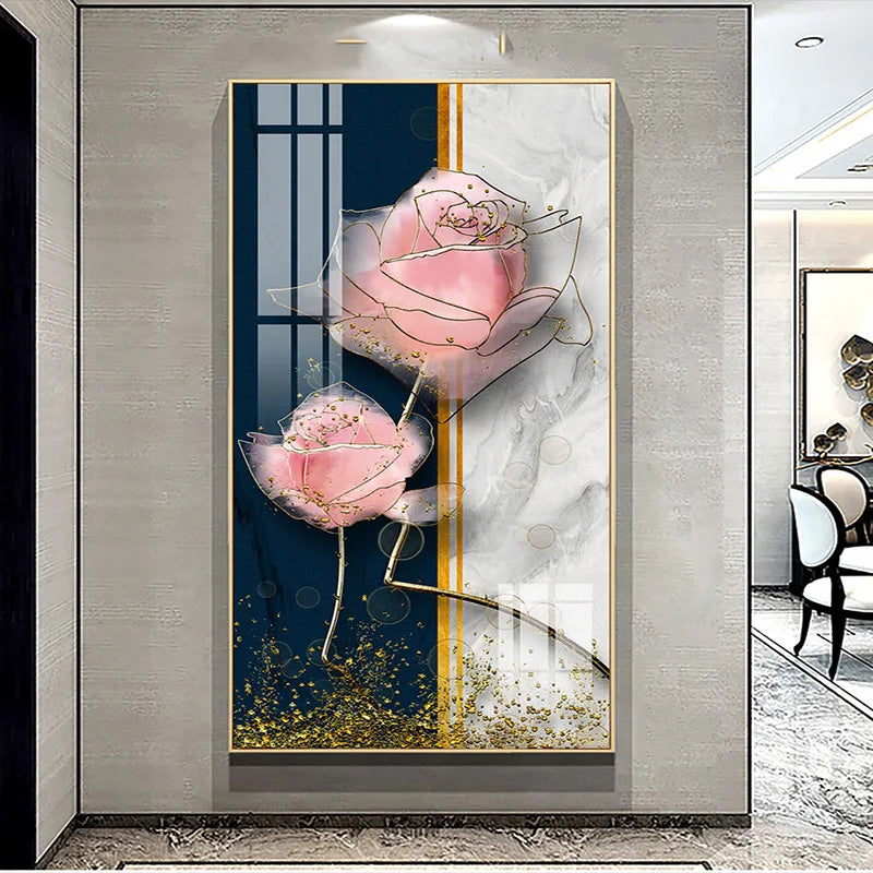 Decorative wall art with pink roses on a marble background in a modern interior setting.