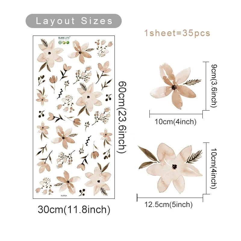 Floral decal sheet with dimensions and layout sizes on a white background