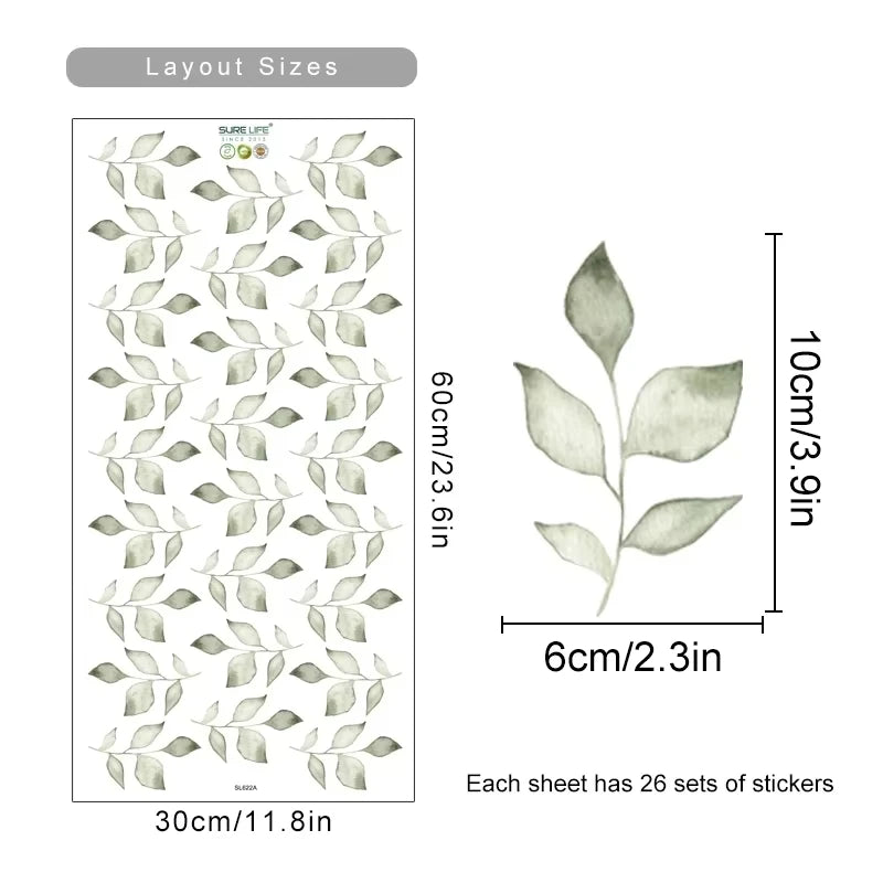 Leaf patterned stickers with dimensions and layout sizes on a white background
