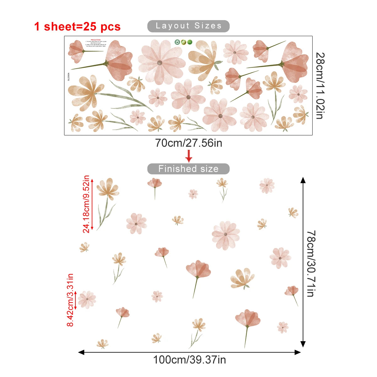 Floral wall decal sheet with dimensions and layout sizes on a white background