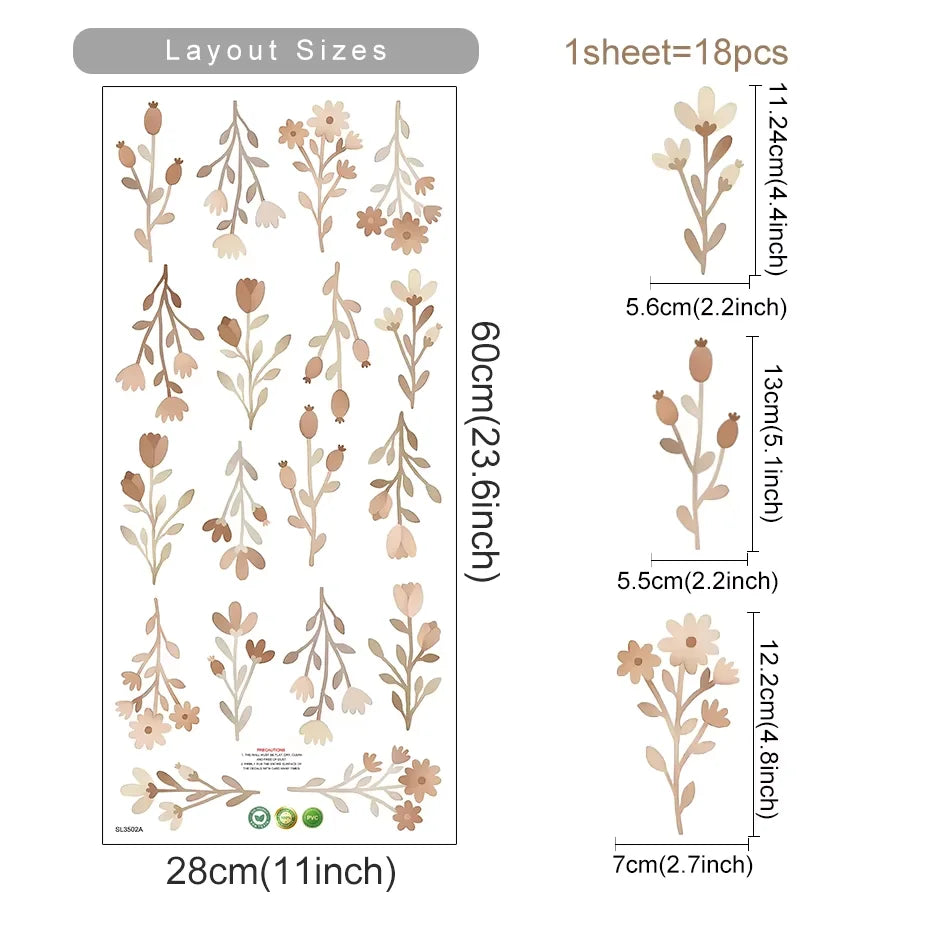 Floral wall sticker sheet with layout sizes and dimensions on a white background