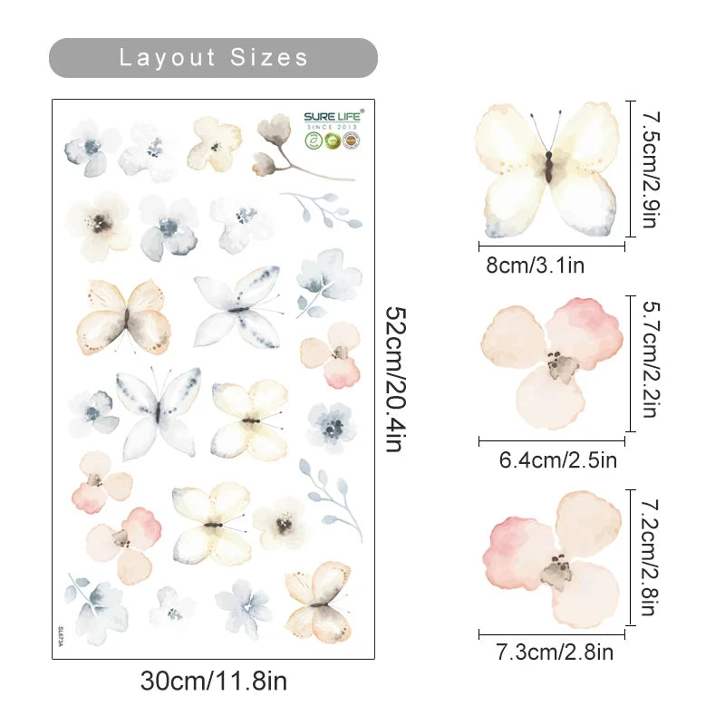 Floral and butterfly wall stickers with dimensions on a white background
