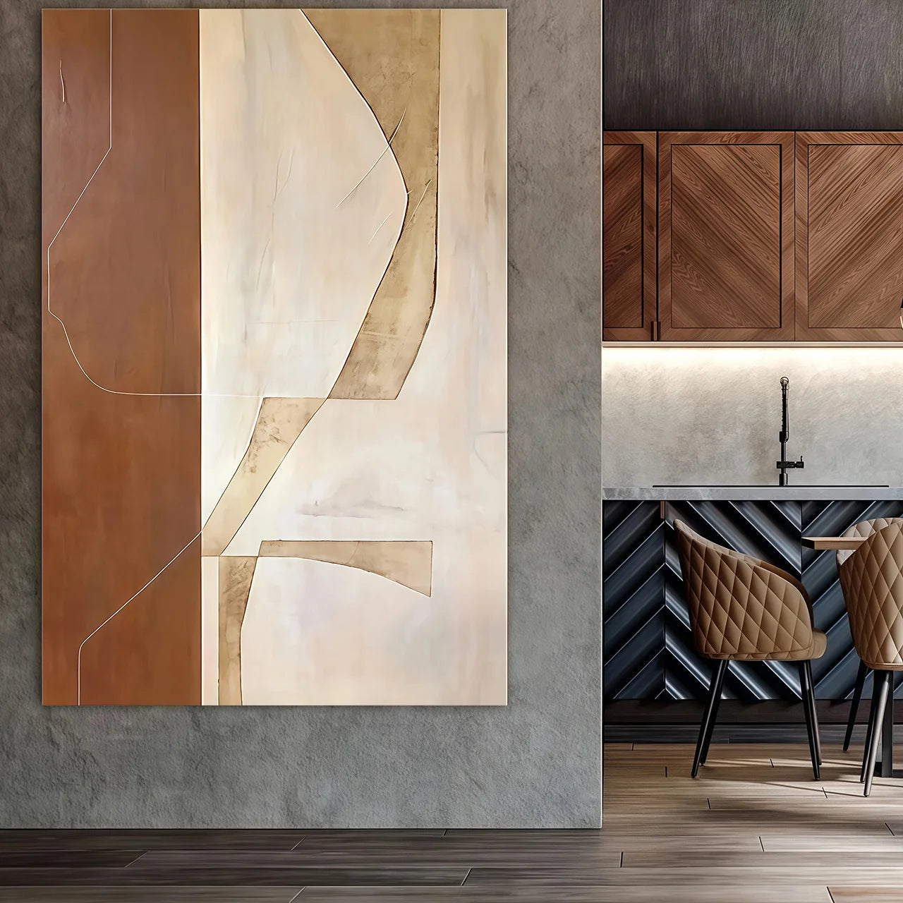 Abstract art piece on a wall next to a modern kitchen setup.