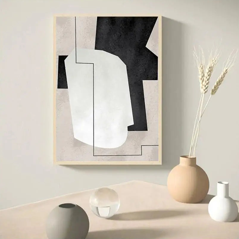 Abstract art piece on a wall with decorative vases below