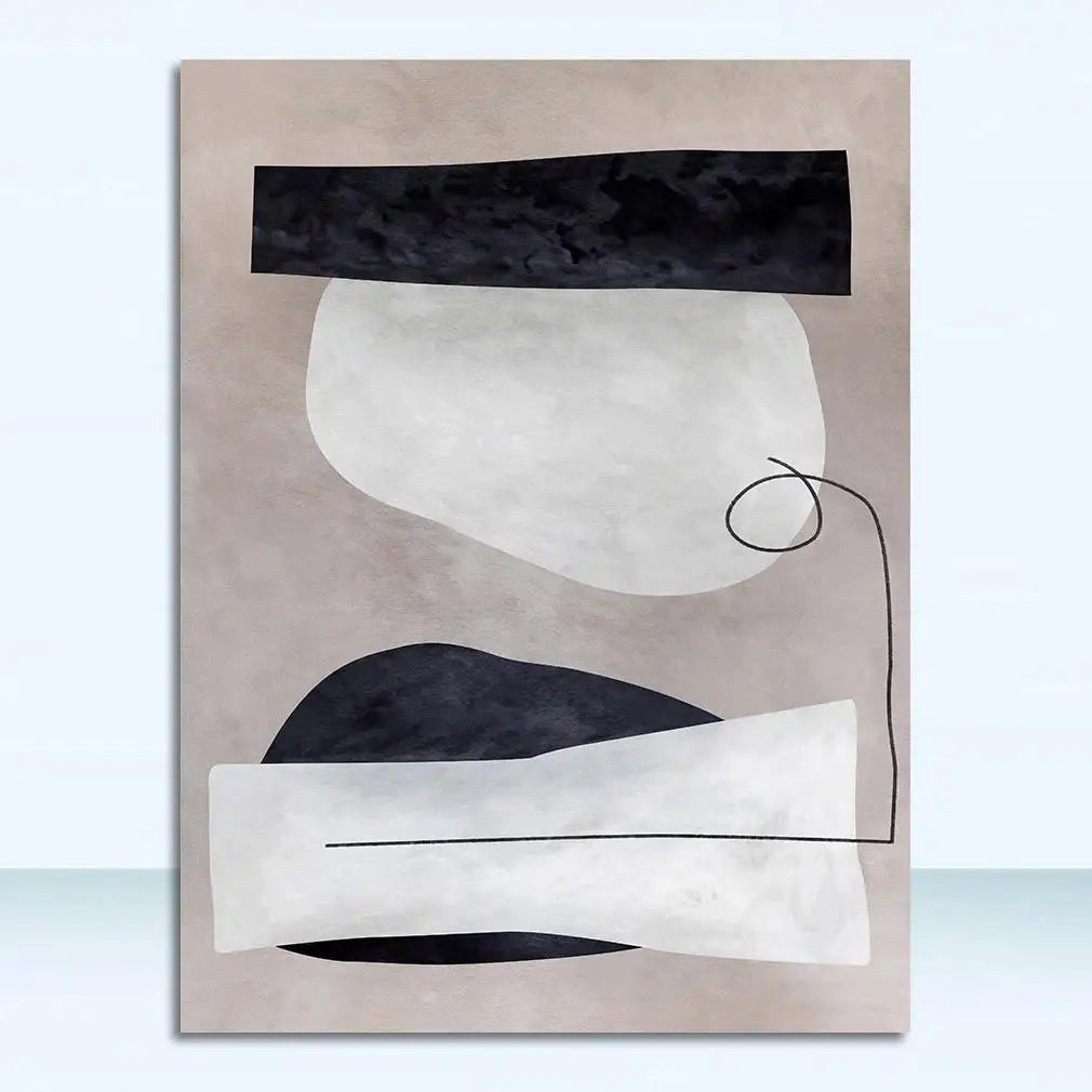 Abstract art piece with black, white, and gray shapes on a beige background