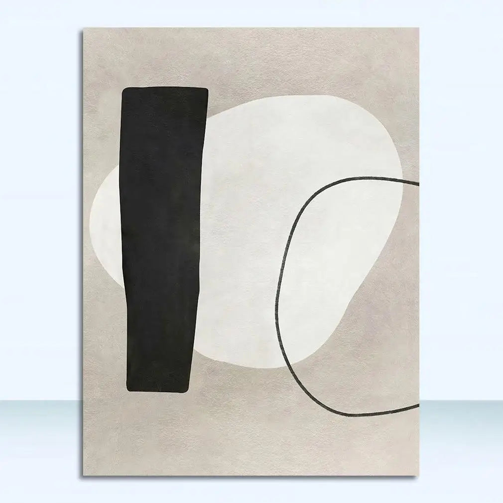 Abstract art print with black and white shapes on a beige background