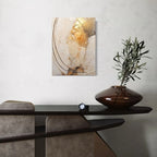 Modern interior with a console table, abstract painting, and vase.