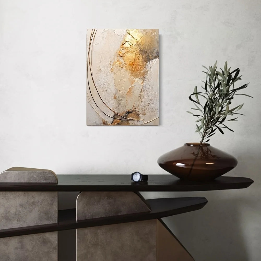 Modern interior with a console table, abstract painting, and vase.