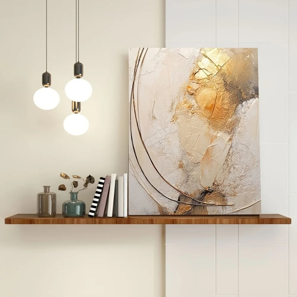 Modern interior with a wooden shelf, abstract art, and pendant lights.