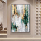 Abstract painting in a modern interior setting with geometric wall design.