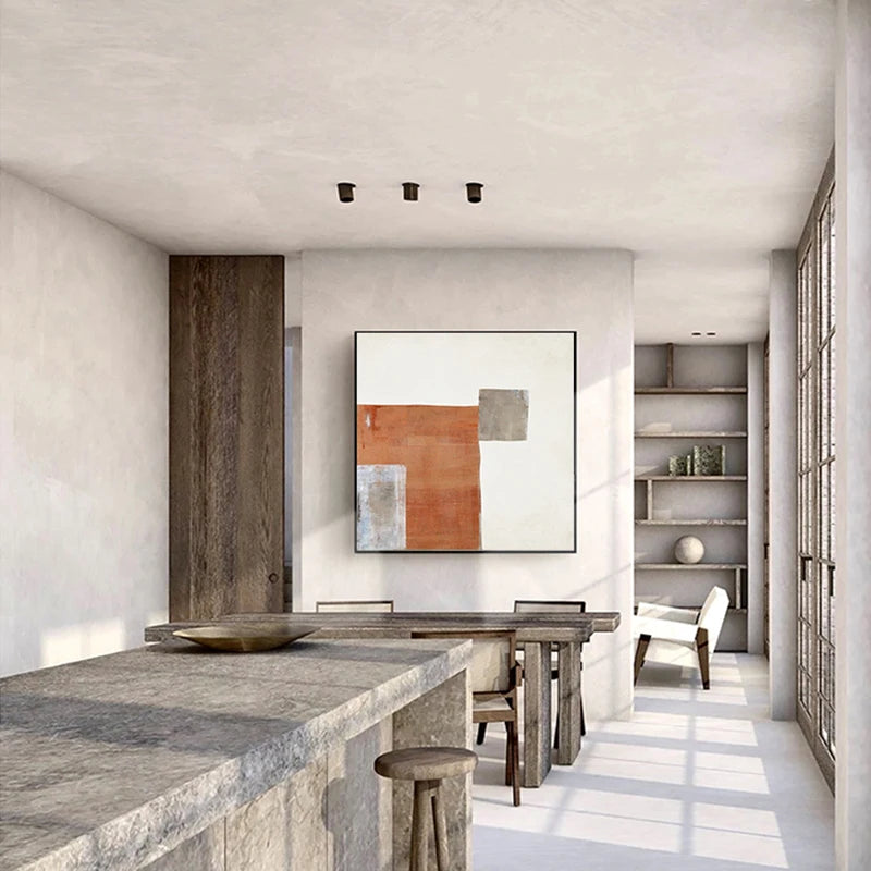 Contemporary Abstract Orange Beige Color Block Wall Art Fine Art Canvas Prints Square Format Pictures For Living Room Bedroom Art Decor