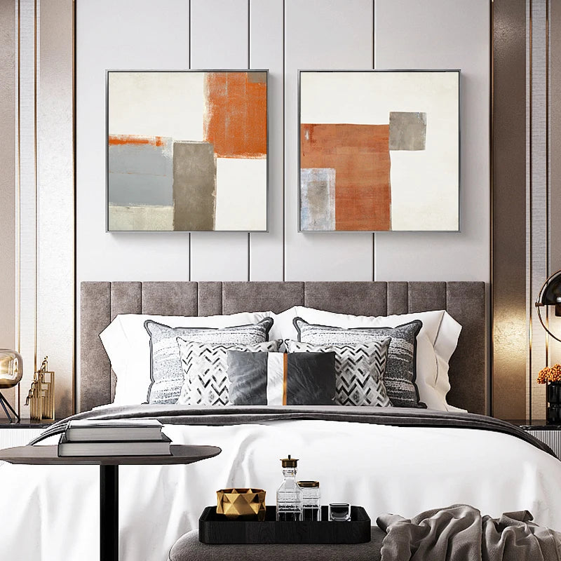 Contemporary Abstract Orange Beige Color Block Wall Art Fine Art Canvas Prints Square Format Pictures For Living Room Bedroom Art Decor