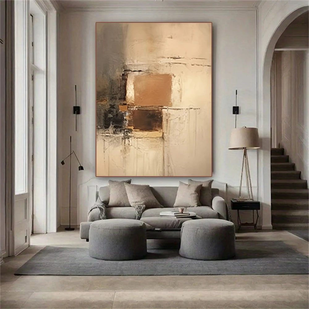 Modern living room with a large abstract painting on the wall