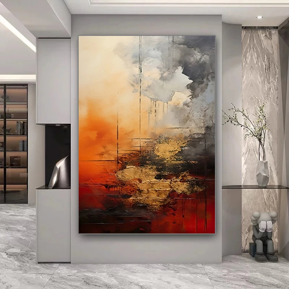 Abstract painting in a modern interior setting with a marble floor and decorative elements.