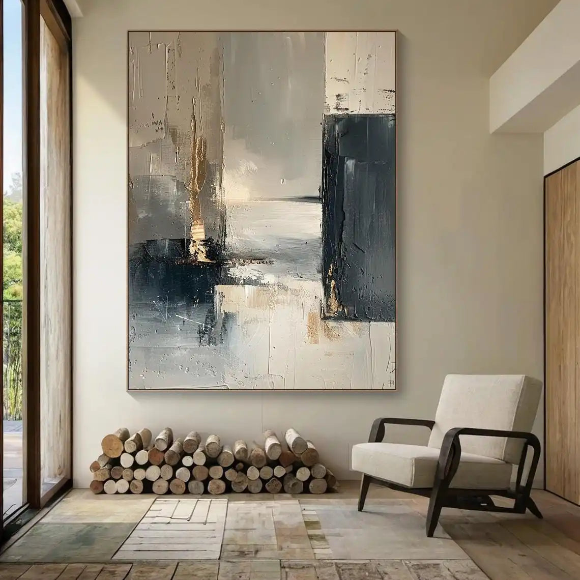 Abstract painting in a modern living room with a chair and stacked logs.