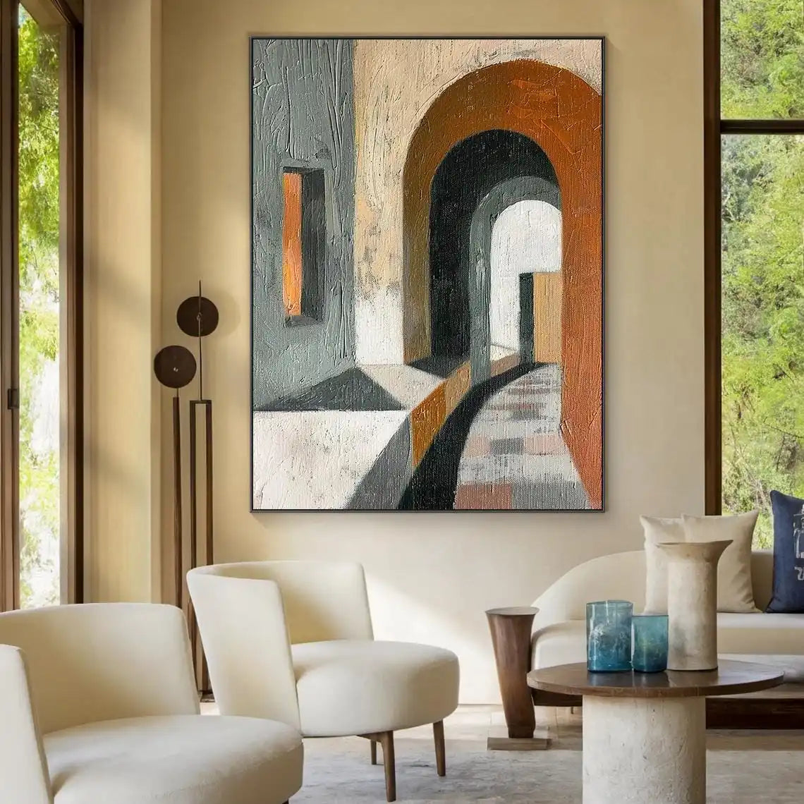 Abstract art piece on a wall in a modern living room