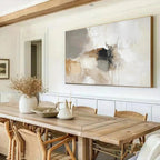 Dining room with wooden table and chairs, abstract painting on the wall.