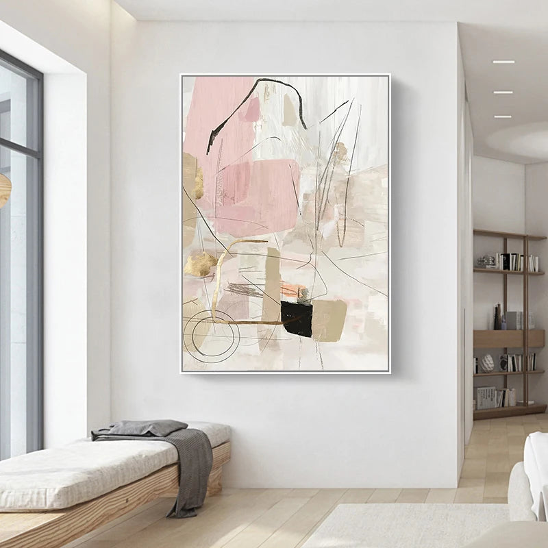 Contemporary Pastel Abstract Canvas Print Wall Art - Bold and Delicate Geometric Art in Pink, White, Black, and Beige - Perfect for Modern Minimalist Interiors