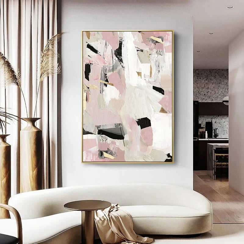 Contemporary Pastel Abstract Canvas Print Wall Art - Bold and Delicate Geometric Art in Pink, White, Black, and Beige - Perfect for Modern Minimalist Interiors