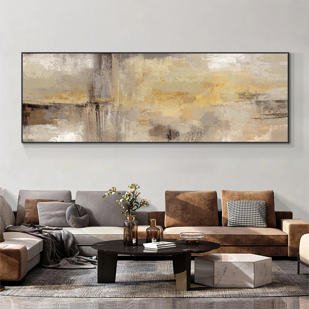 Living room with a large abstract painting on the wall above a sofa.