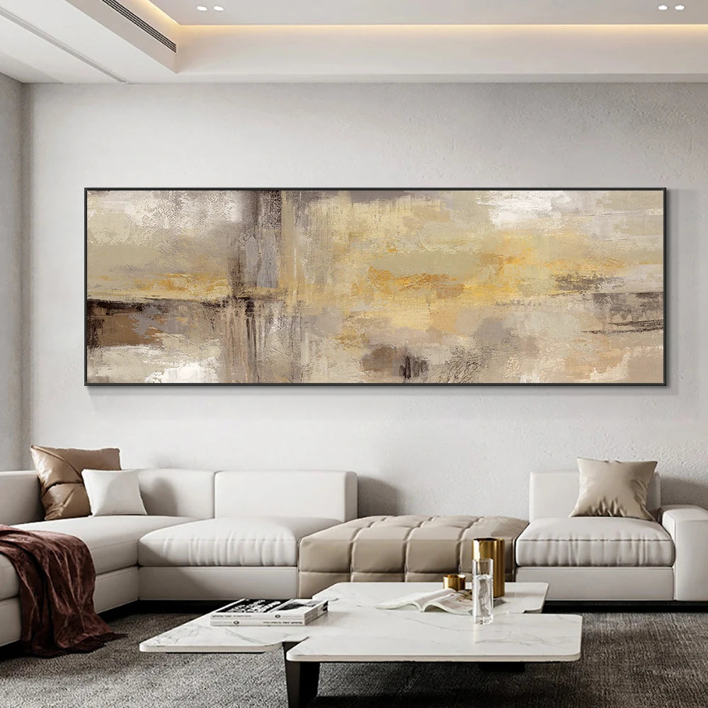 Modern living room with a large abstract painting on the wall above a white sofa.