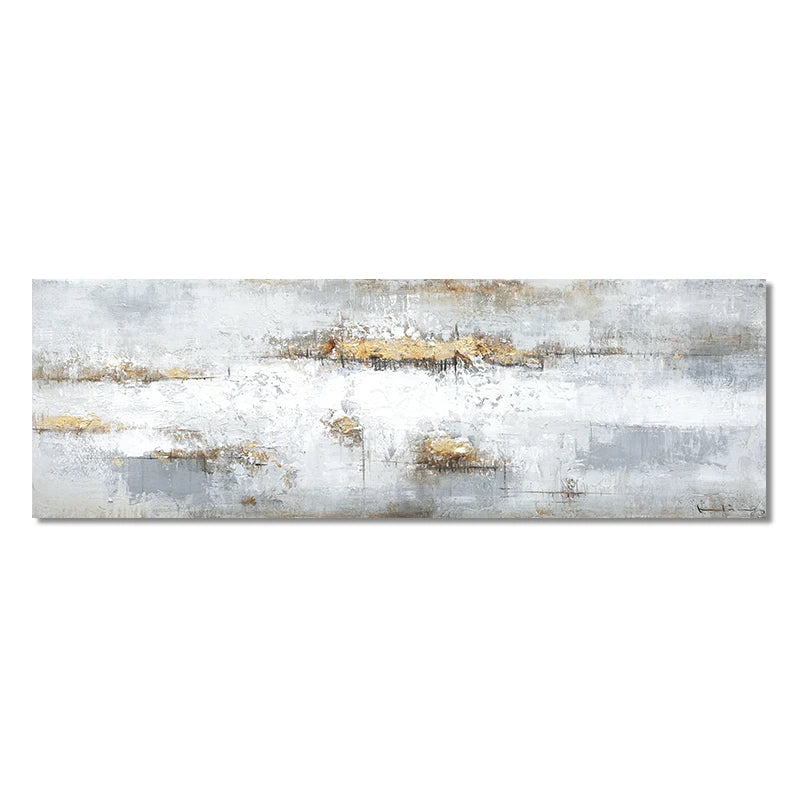 Abstract painting with gold and silver accents on a white background