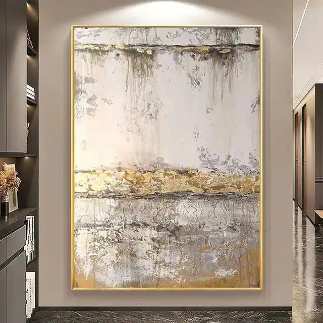 Abstract painting with gold accents in a modern interior setting
