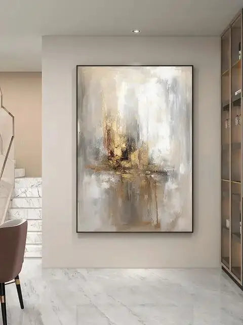 Abstract painting in a modern interior setting with a neutral color palette.