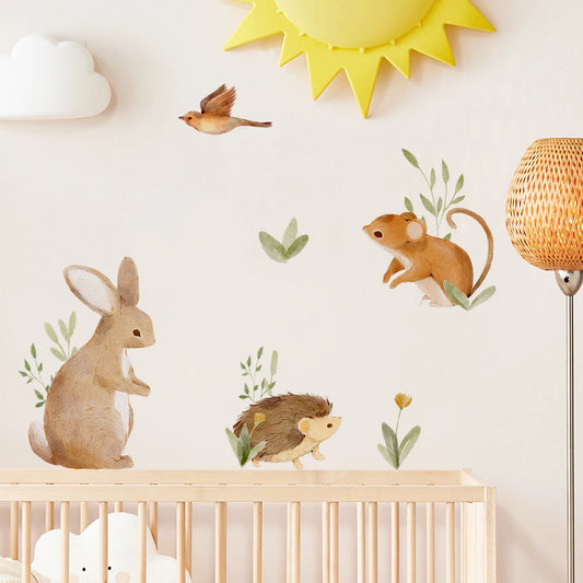Countryside Animals Wall Stickers – Cute Cartoon Rabbit, Hedgehog, Mouse & Duck Wall Decals for Nursery or Kids’ Room Decor