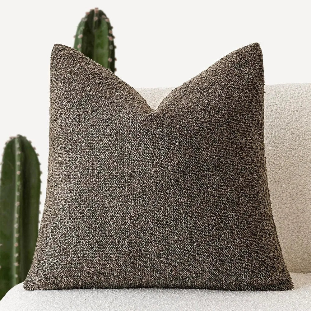 Textured brown pillow on a light-colored sofa with cacti in the background