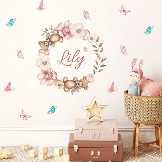 Custom Baby's Name Teddy Bear Wall Decal – Butterflies & Flowers Wall Mural for Nursery Room, Kids Room, Creative DIY Home Decor