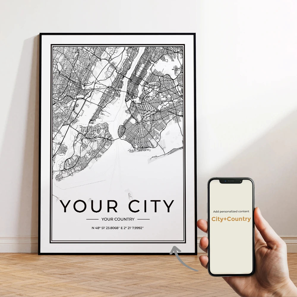 Custom City Map Wall Art Fine Art Canvas Print Simple Minimalist Design Modern Artworks For Living Room Home & Office - Custom Made For Your City!