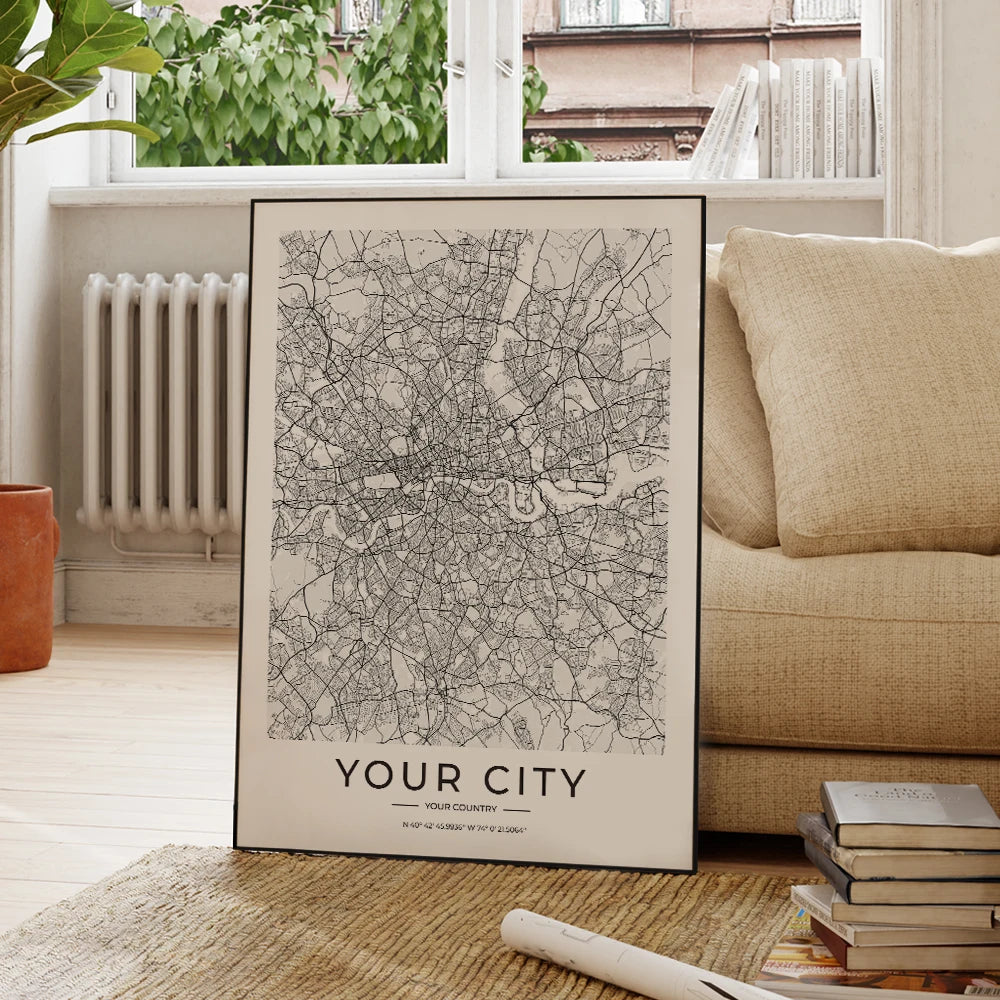 Custom City Map Wall Art Fine Art Canvas Print Simple Minimalist Design Modern Artworks For Living Room Home & Office - Custom Made For Your City!