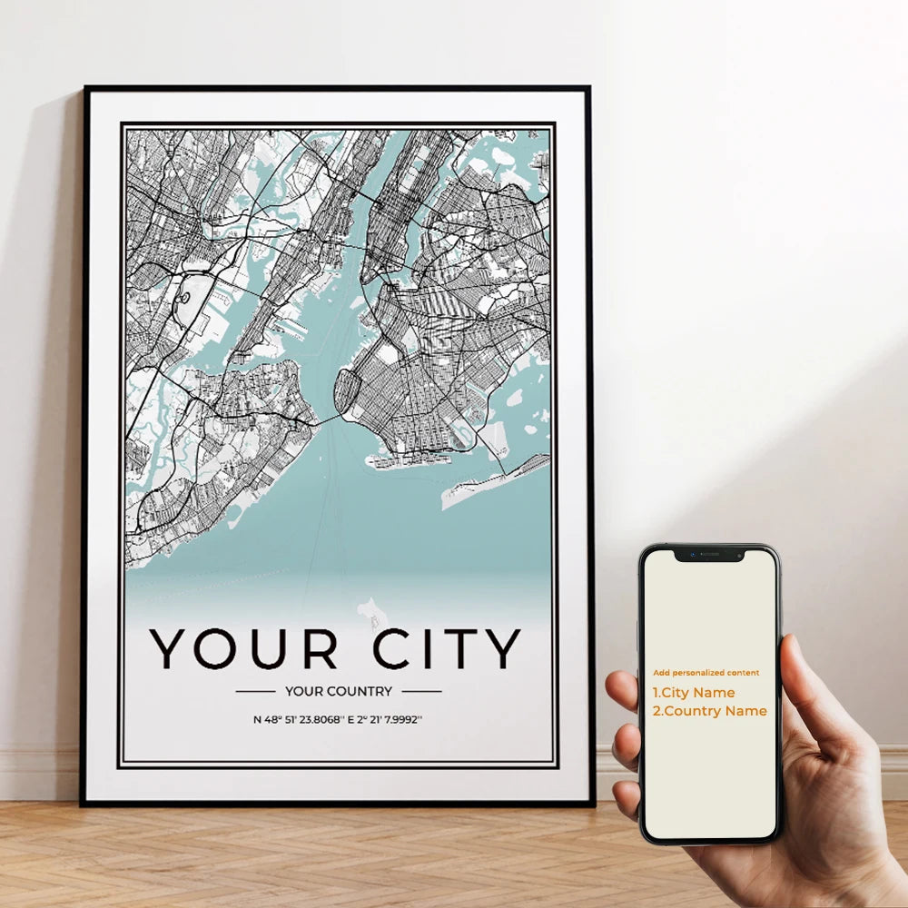 Custom City Map Wall Art Fine Art Canvas Print Simple Minimalist Design Modern Artworks For Living Room Home & Office - Custom Made For Your City!
