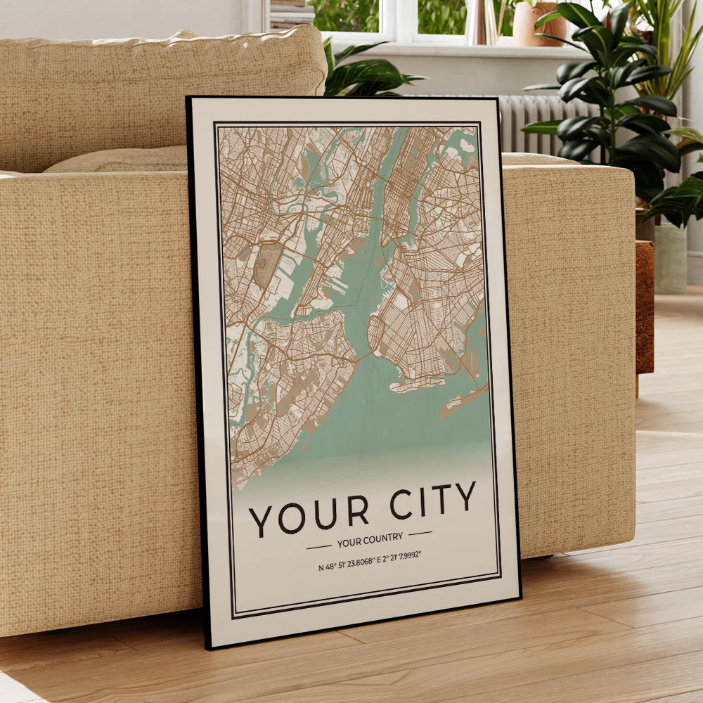 Framed map of a city with 'Your City, Your Country' text in a living room setting.