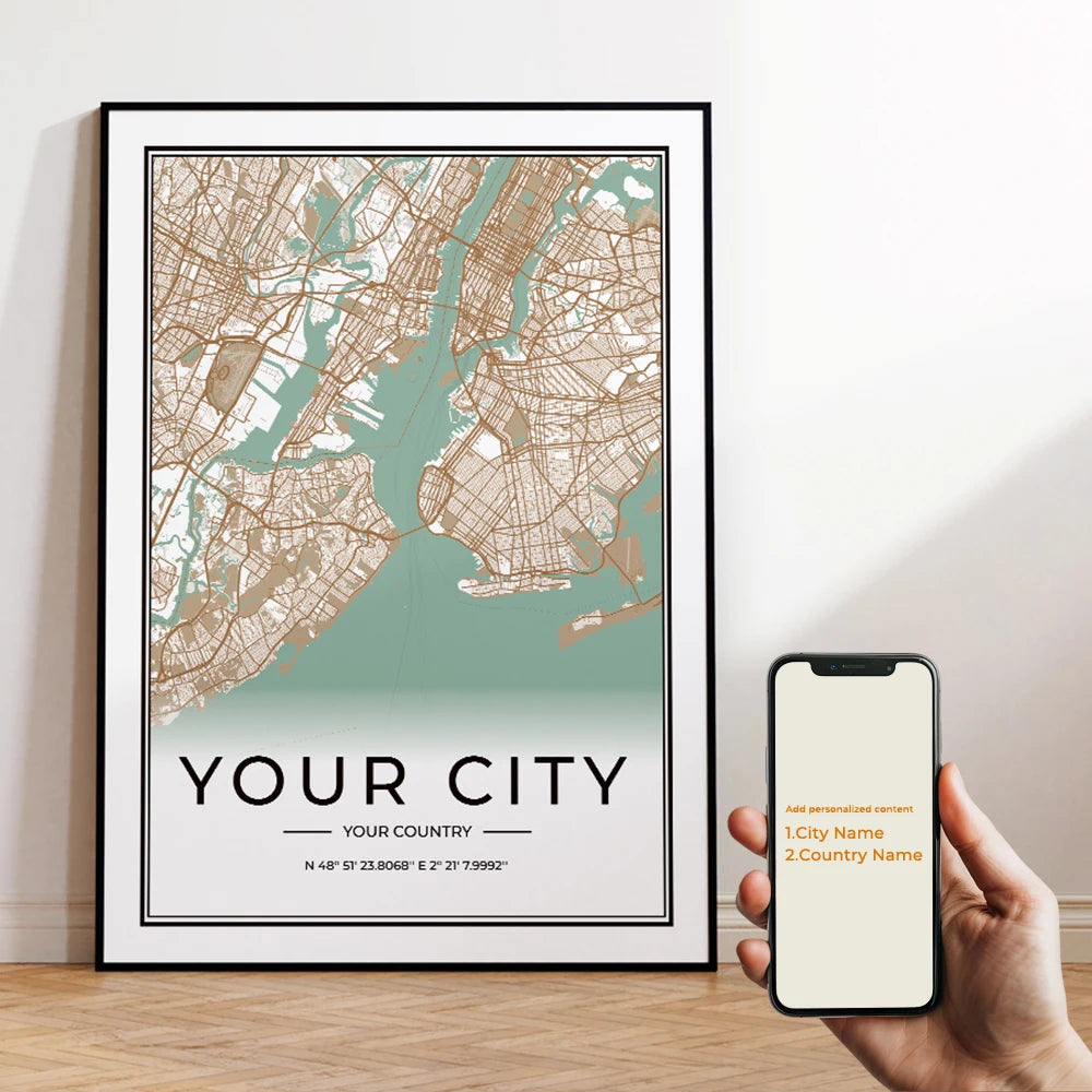 Custom City Map Wall Art Fine Art Canvas Print Simple Minimalist Design Modern Artworks For Living Room Home & Office - Custom Made For Your City!