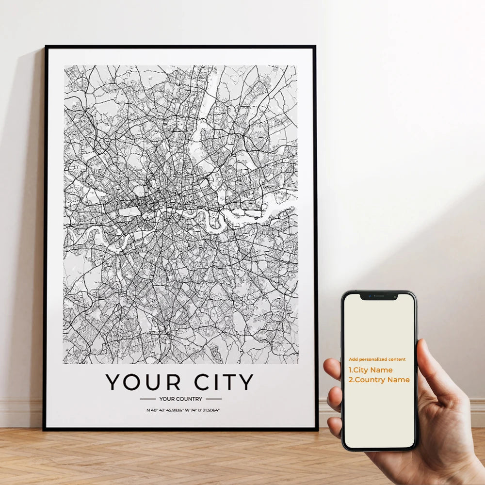 Custom City Map Wall Art Fine Art Canvas Print Simple Minimalist Design Modern Artworks For Living Room Home & Office - Custom Made For Your City!