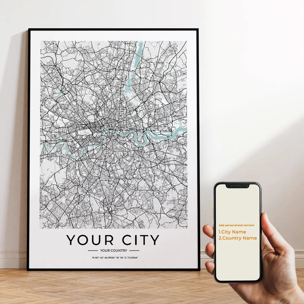 Custom City Map Wall Art Fine Art Canvas Print Simple Minimalist Design Modern Artworks For Living Room Home & Office - Custom Made For Your City!