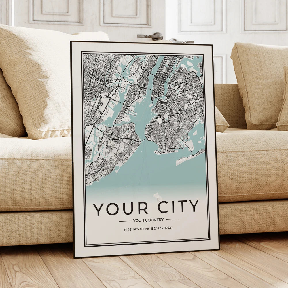 Framed city map poster on a wall above a beige sofa